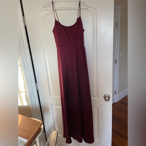 Wine Celebrate DB Studio Crepe-Back Satin Spaghetti Strap Bridesmaid Dress - Picture 2 of 6